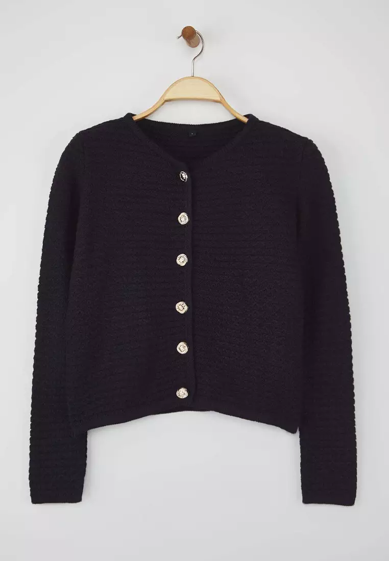 Navy Blue Textured Cotton Look Knitwear Cardigan Twoaw26Hi00186