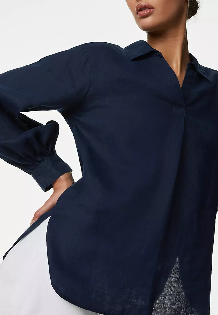 Pure Linen Collared Popover Blouse