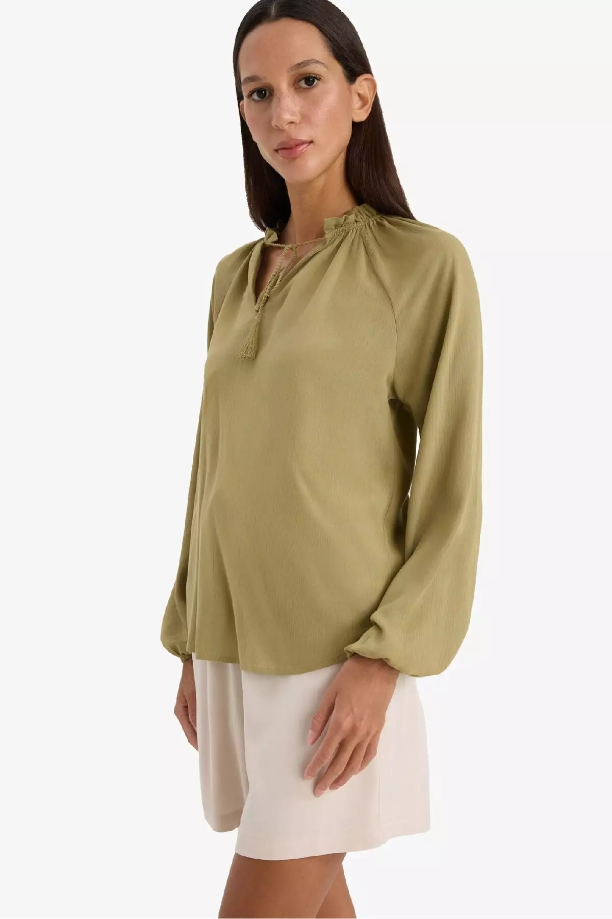 Regular Fit Lace-Up Collar Crinkle Fabric Long Sleeve Blouse E9429Ax25Sm