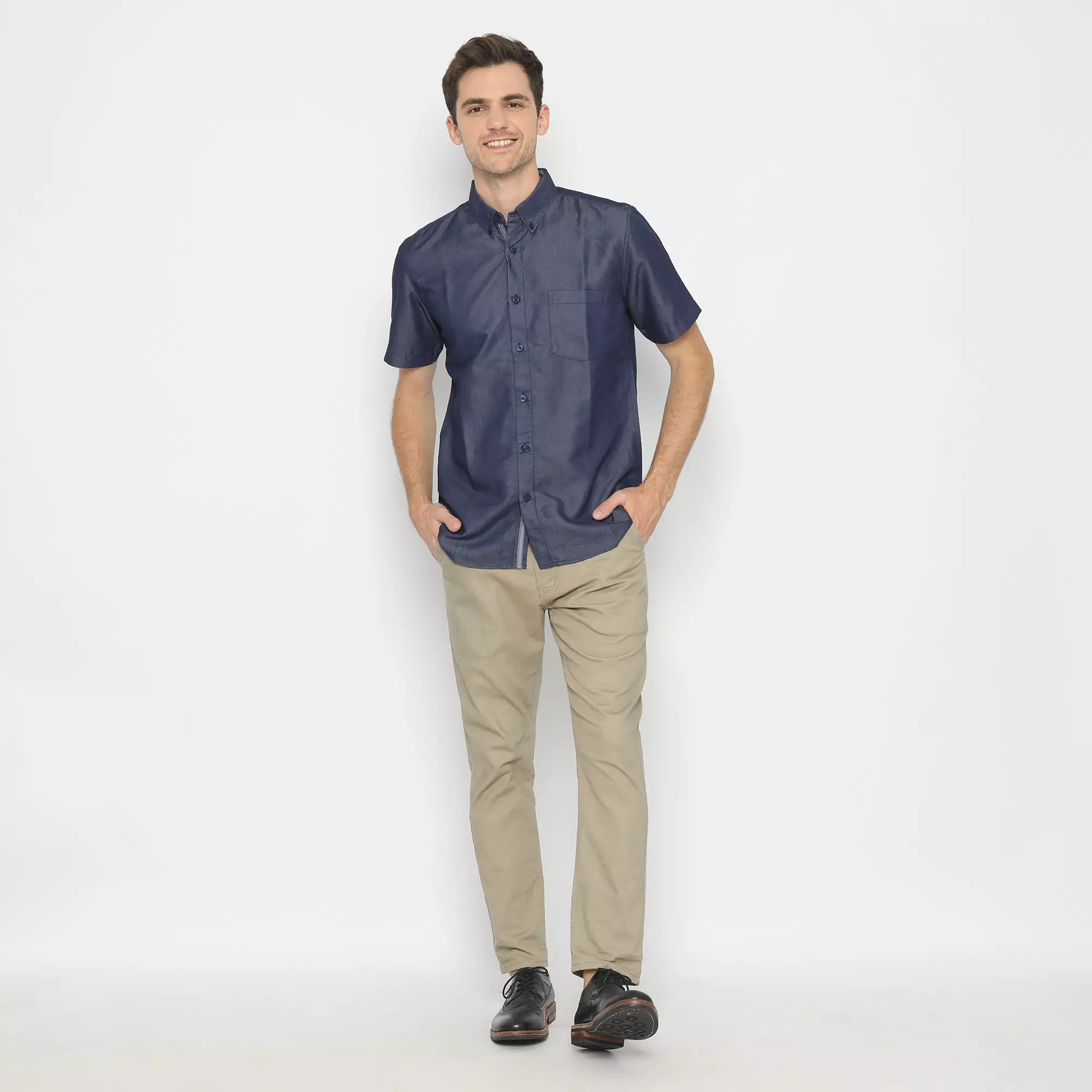 Platini Kemeja Polos Pendek Soft Twill Biru 73007