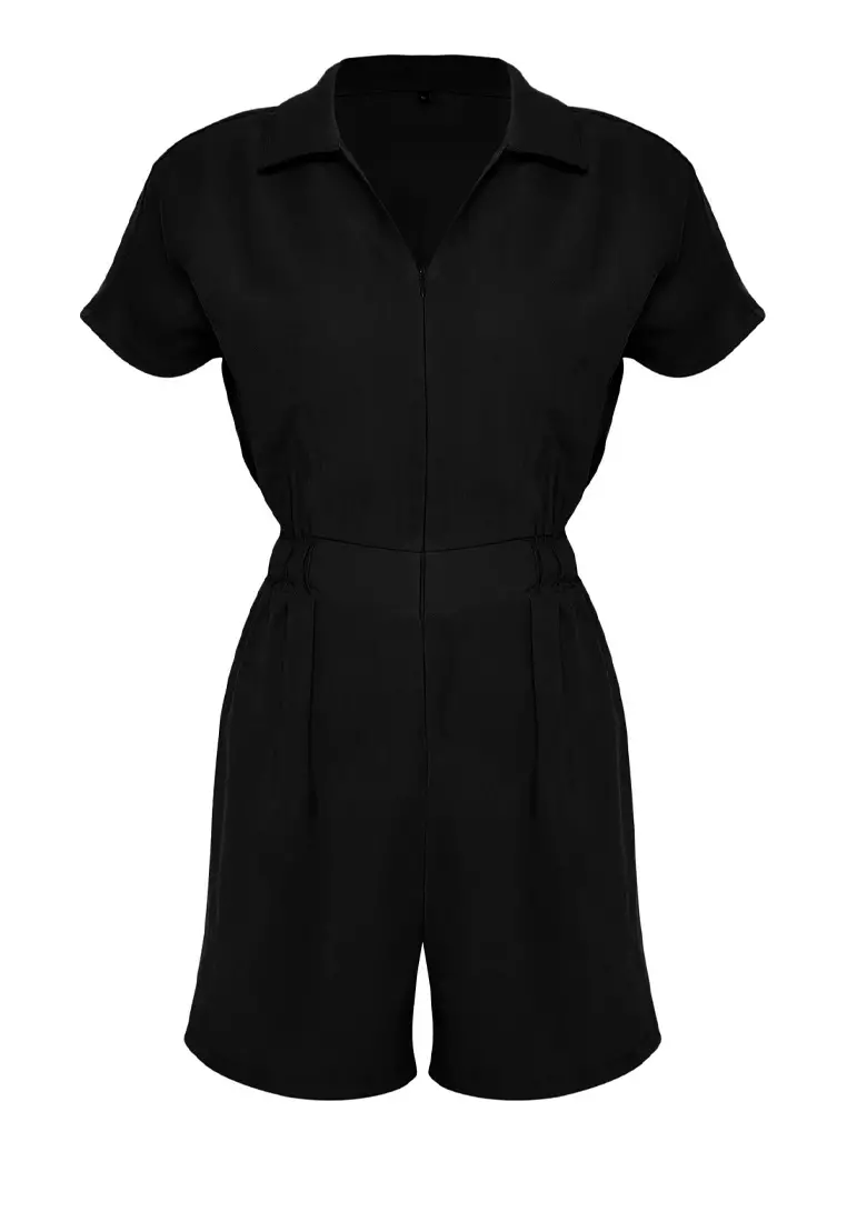 Limited Edition Black Elastic Waist Zipper Detail Modal Mini Woven Overalls TWOSS25TU00026