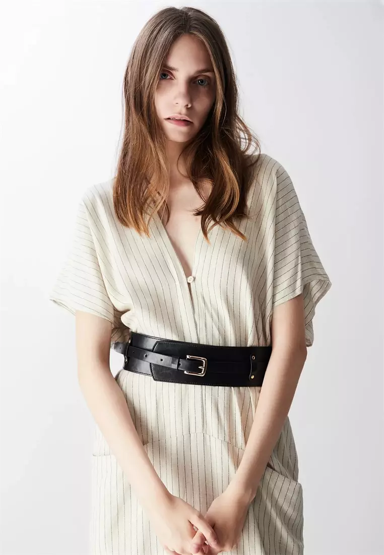 Helena 女士宽版皮质腰带配搭扣-黑色