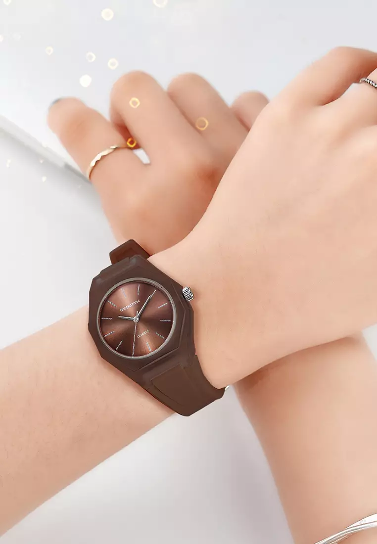 Jam Tangan Wanita Simple Analog Tali Silicone Anti Air Jam Tangan Cewek brown