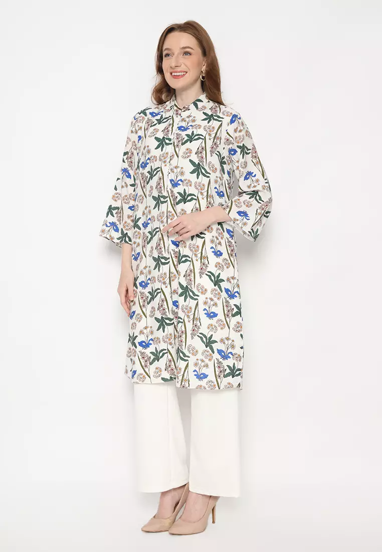 Tunic White Floral Silky Long Sleeve  Arlette By Brilliant Girl Warna Putih