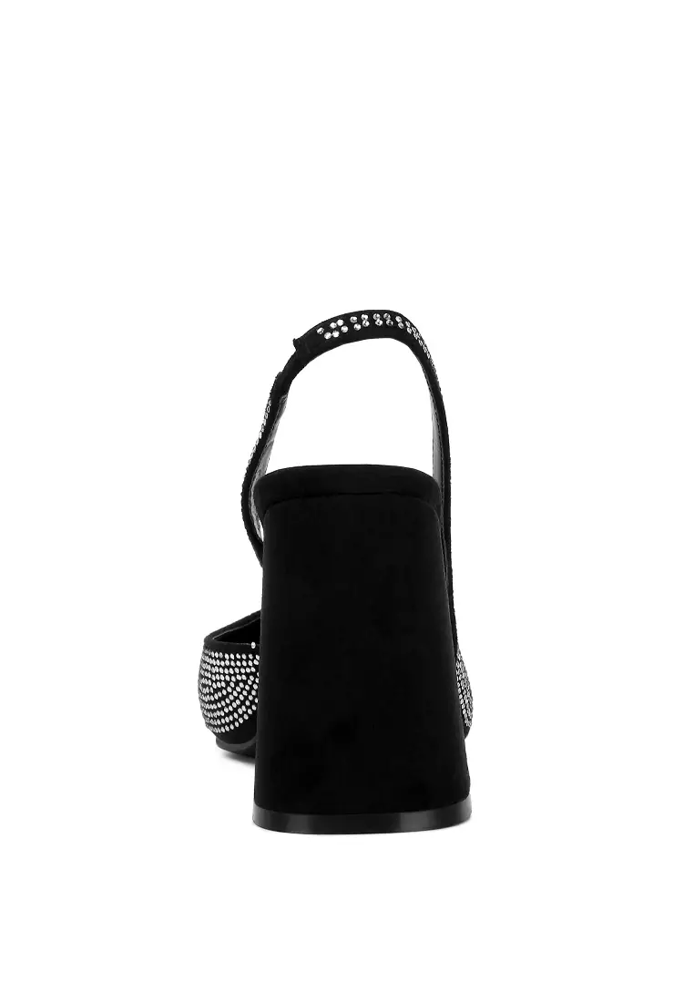 Sandal Tumit Suede Berlian Imitasi Hitam