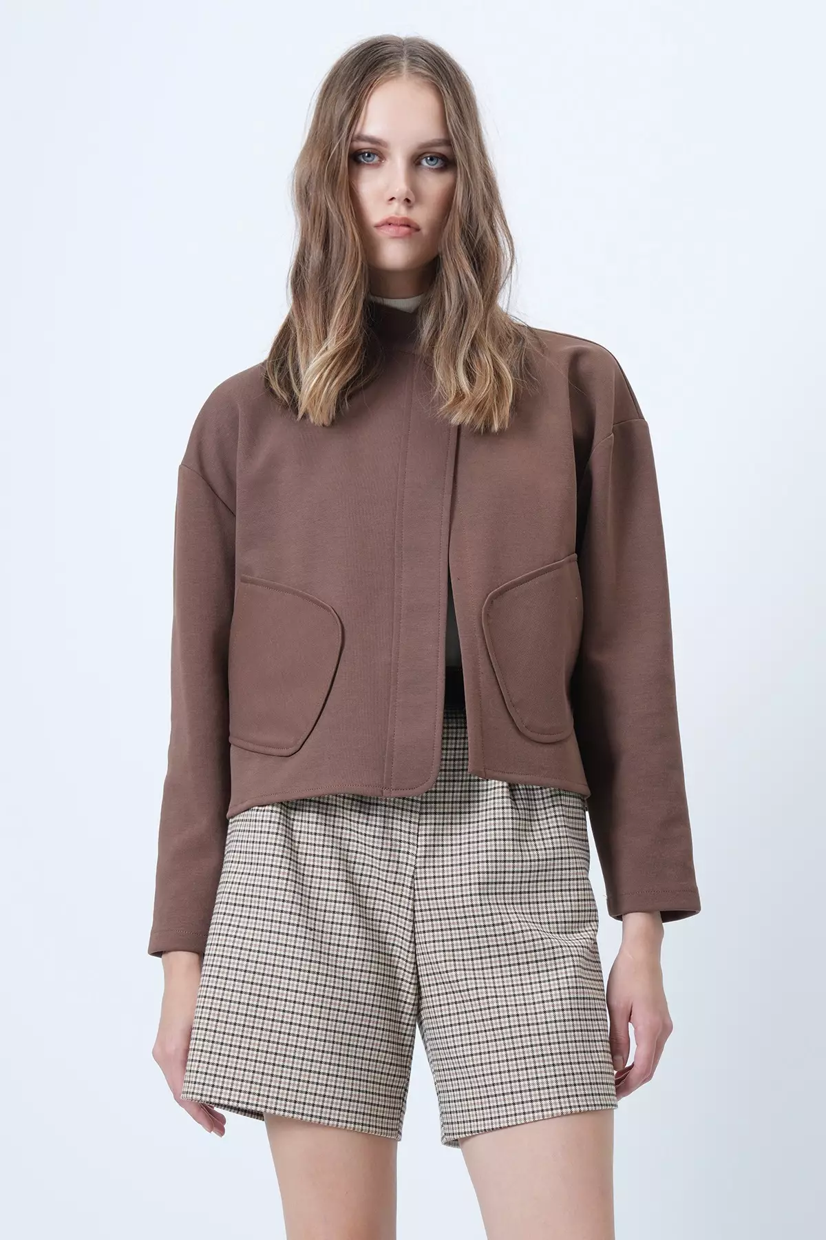 Women'S Cinnamon Brown Hakim Collar Poncho Jacket With Pocket Alc-X14421