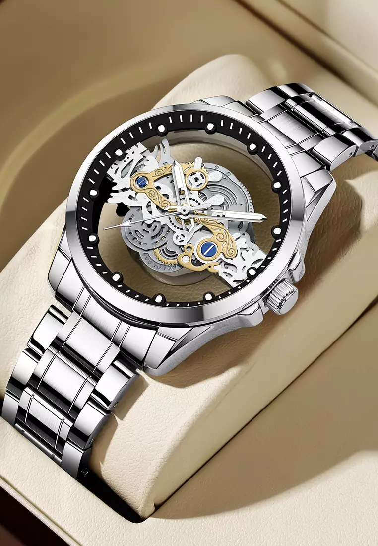 Jam Tangan Pria HD Luminous Function Hollow Dial Tali Stainless Steel Anti Air Jam Tangan Cowok silver white