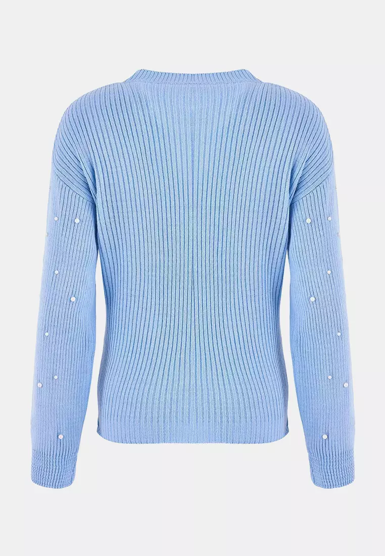 Light Blue Pearl Detailed Crew Neck Knitwear Sweater Twoaw22Kz1493