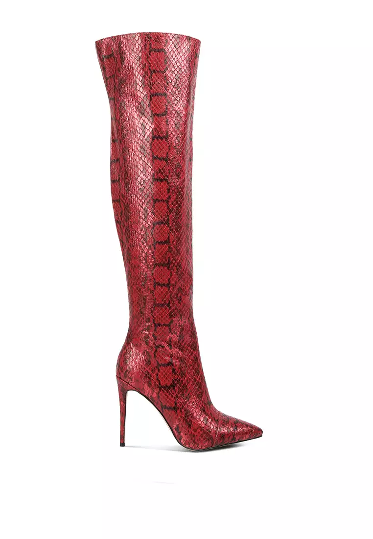 Red Snake Print Stiletto Knee Boots