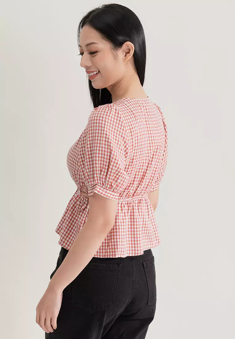 格纹灯笼袖短版上衣