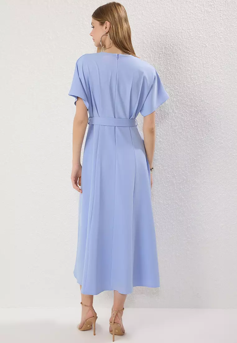 Light Blue Belted Skirt Opening at Waist Dress TWOSS25EL00804