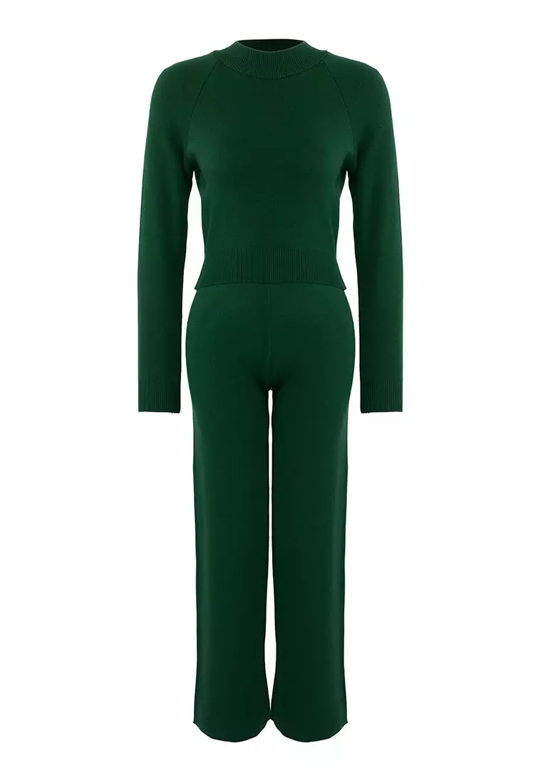 Emerald Green Crop Basic Knitwear Bottom Top Set