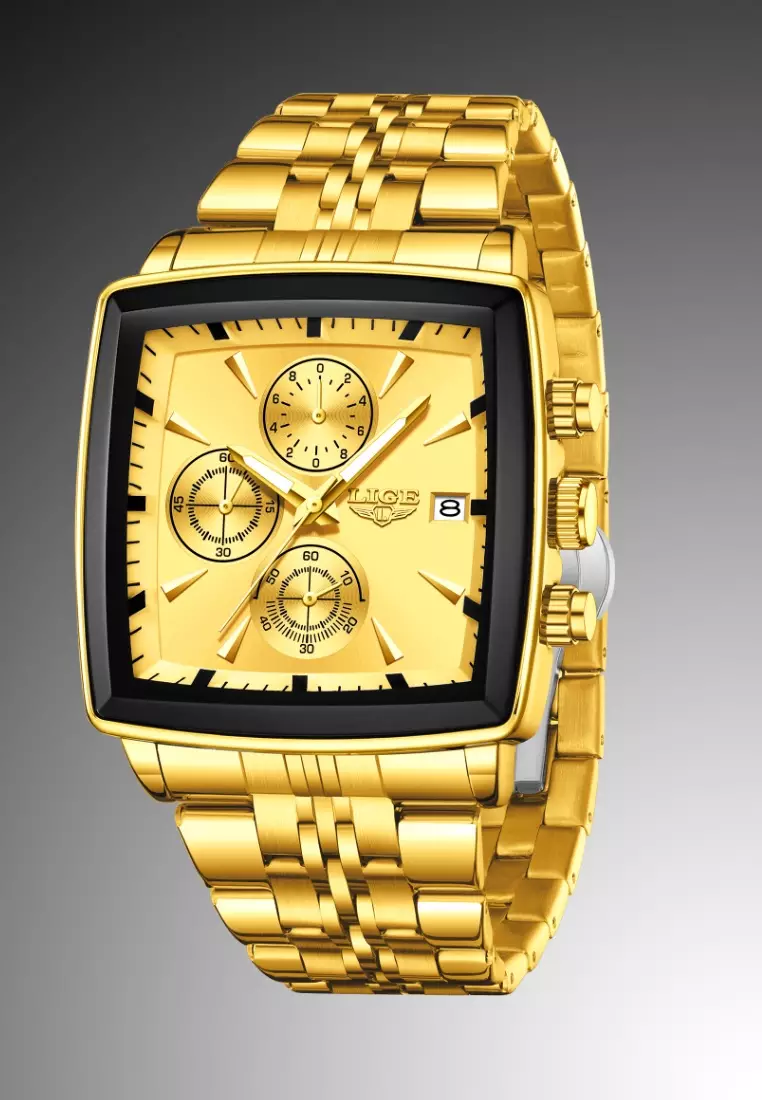 Chronograph Unisex Gold Color Finish Metal Alloy Quartz Watch 40X40mm, Gold Dial, Gold Color Finish Stainless Steel Bracelet