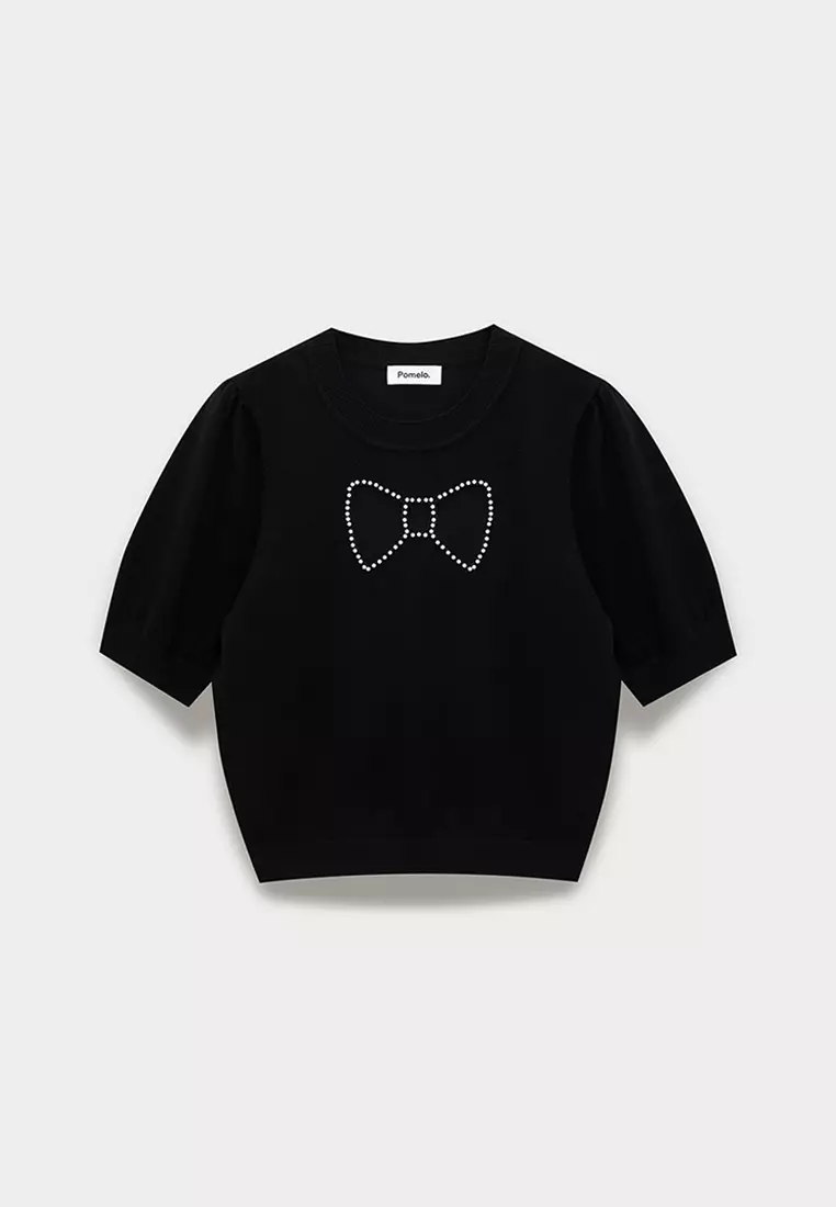 Puff Sleeve Bow Embellished Crop Top
