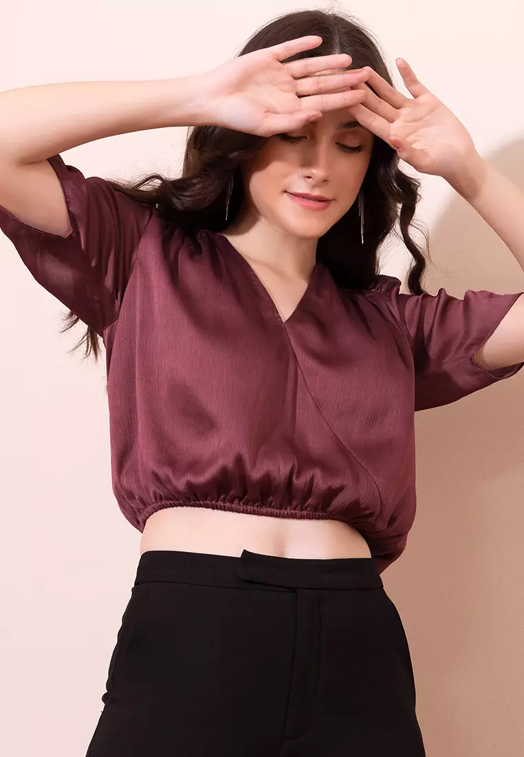 Red Ruched Sleeve Crop Top