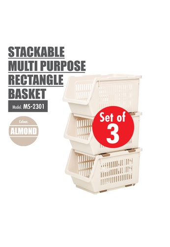 HOUZE [SET OF 3] HOUZE Stackable Multi Purpose Rectangle Basket (Almond) 7FED4HLD164591GS_1