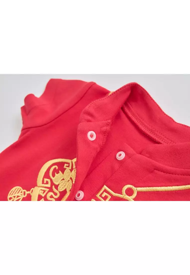 嬰兒紅色唐裝漢服連體衣如意鎖拜年服