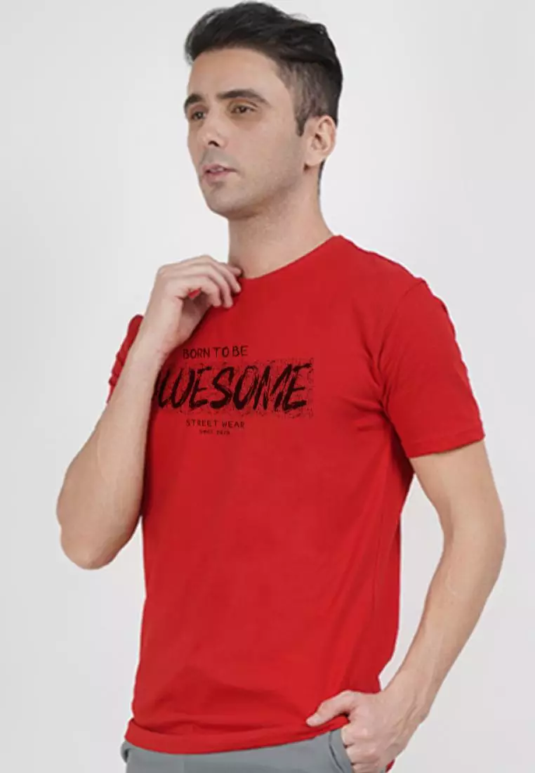Born Awesome 红色棉质短袖圆领休闲 T 恤