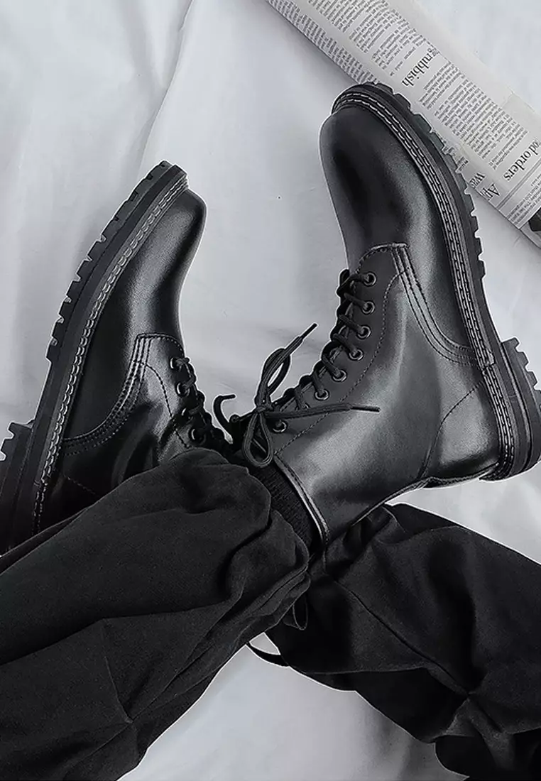RASPIO Leather Motorcycle Boots For Men - Handmade Thick Sole Lace-up Mid Calf Desert Boots - View #5
