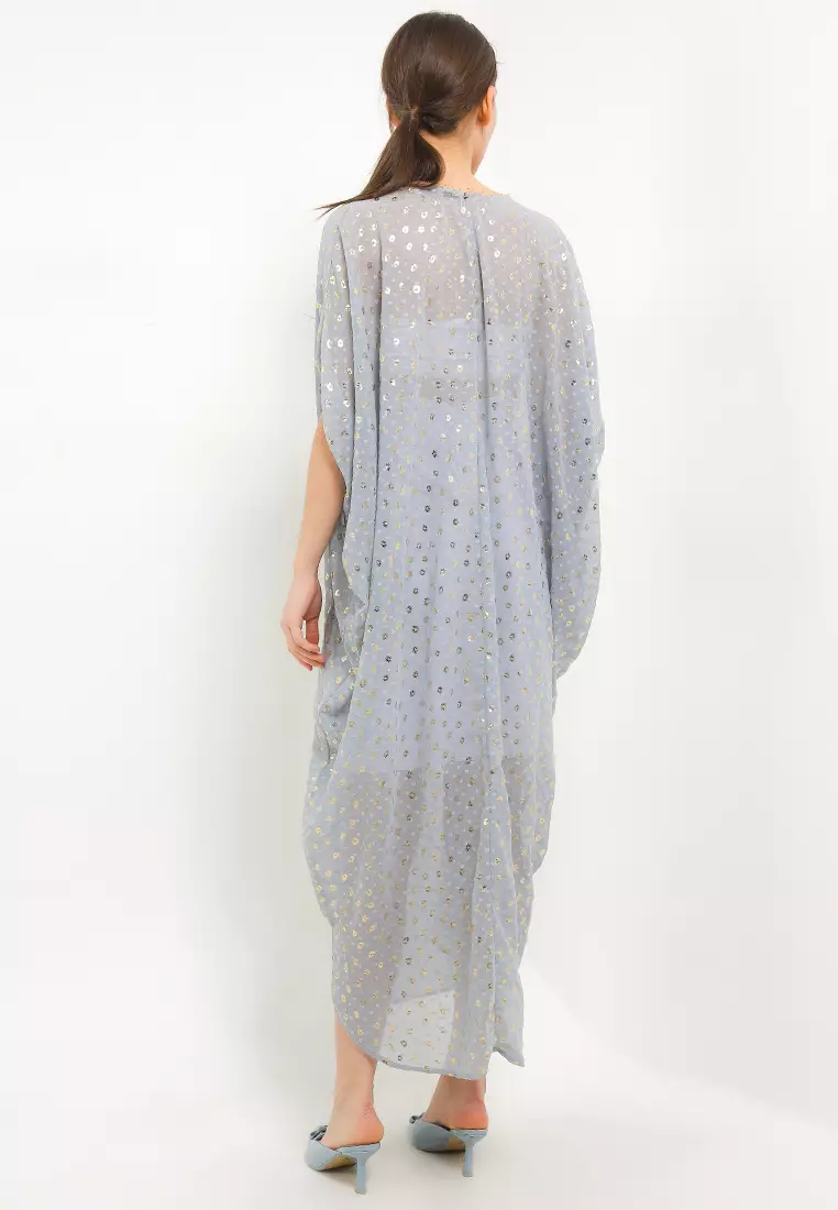 Beaded Neckline Gold Print Swissdot Chiffon Ruched Kaftan