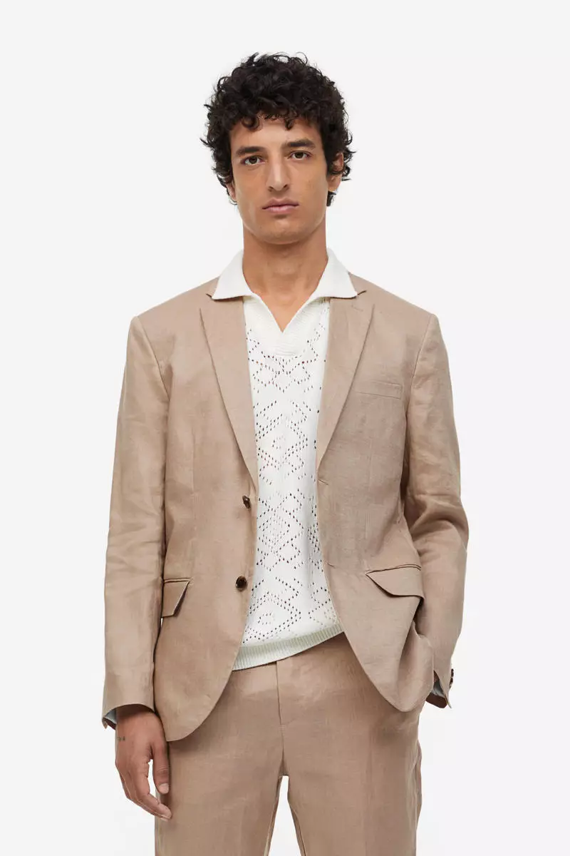 Brown Linen jacket with beige linen pants and shirt