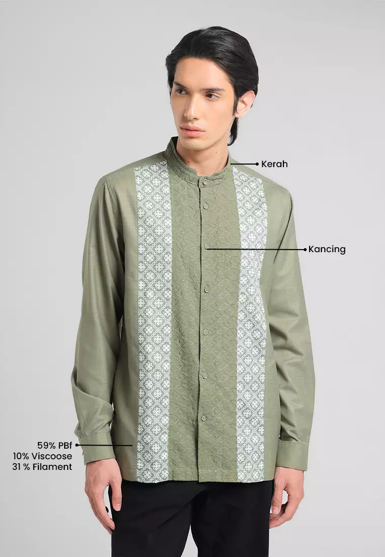MANZONE X Adipati Dolken - Kemeja Koko Lengan Panjang Pria Haddad Modern - Sage Warna SAGE