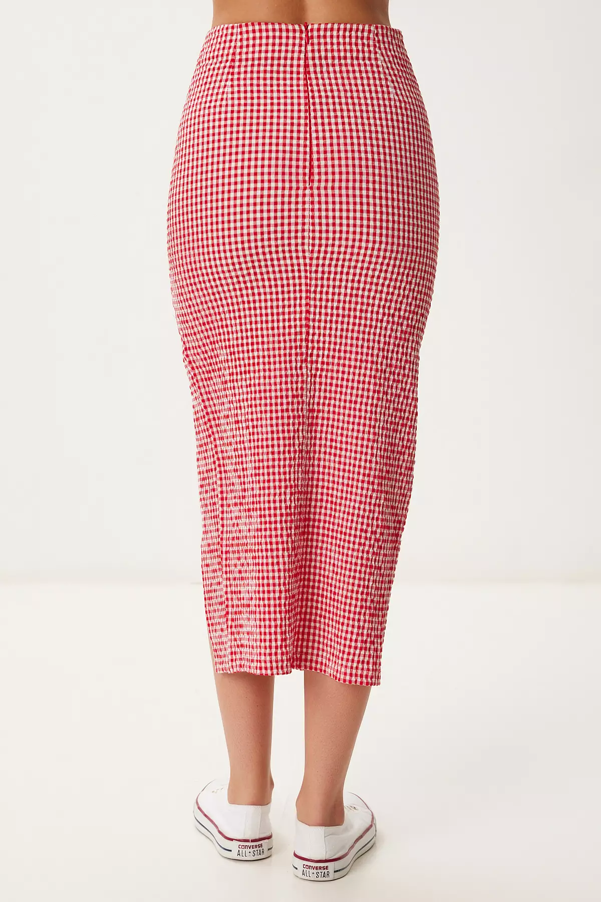 Women's Red Bone Checkered Slit Woven Skirt Fk00044