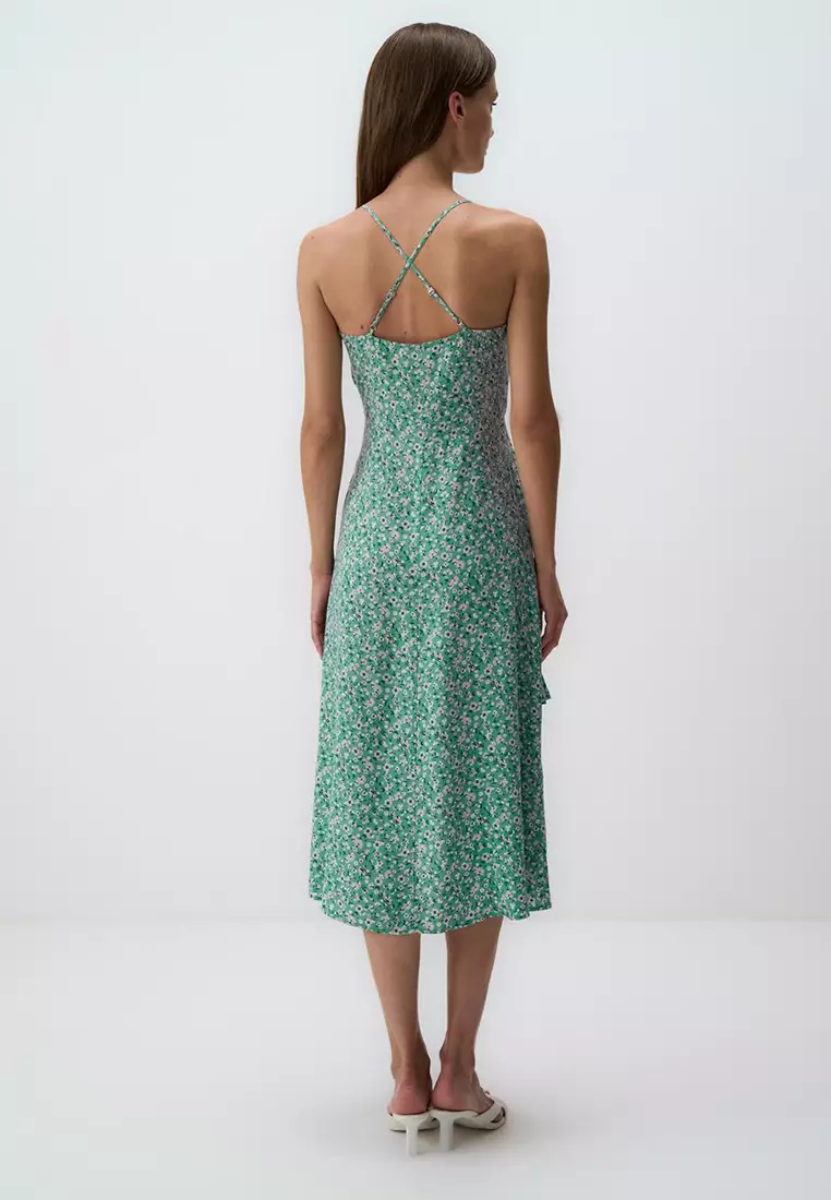 Jimmy Key Mint Green Narrow Cut Straps V-Neck Patterned Midi Dress