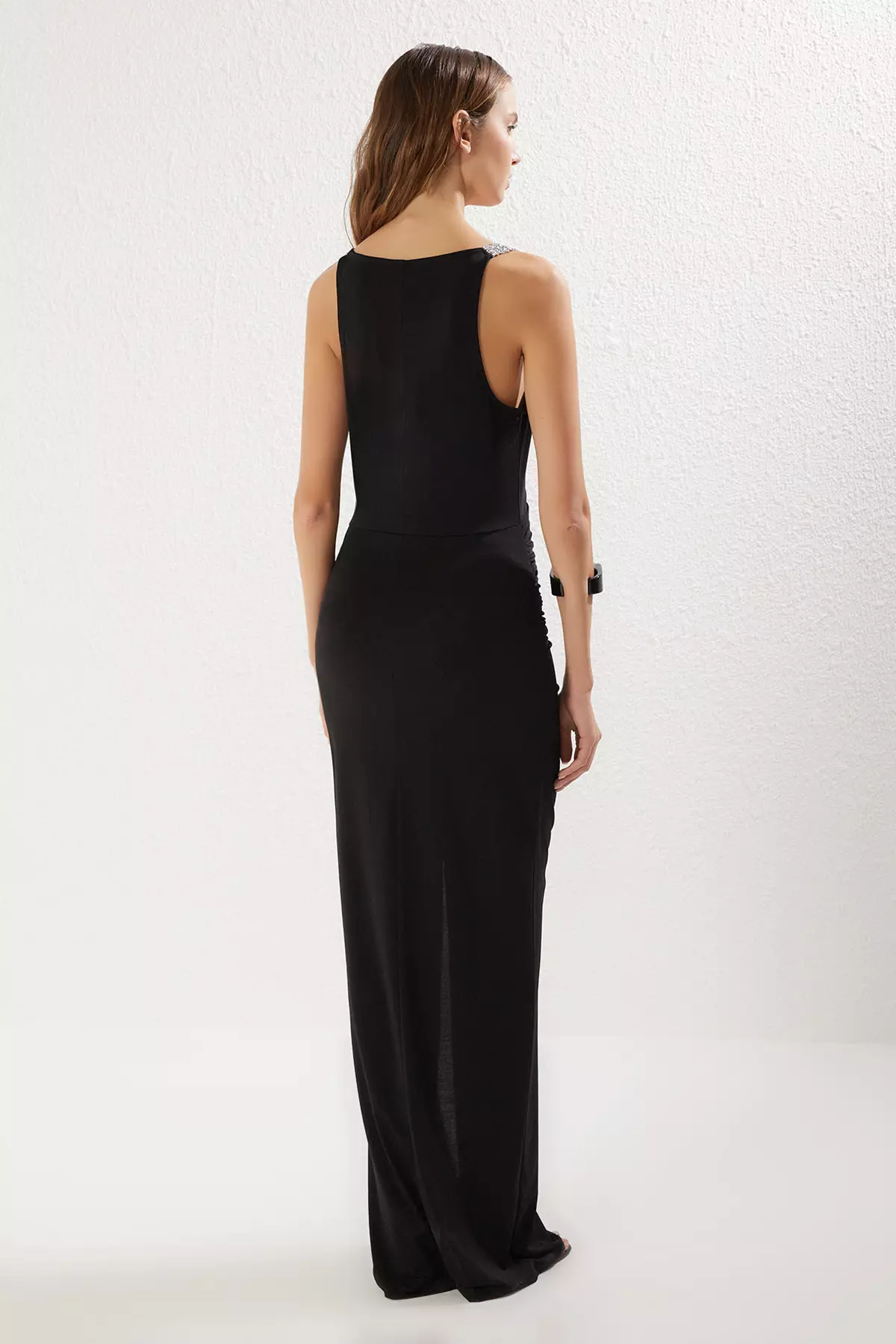 Black Shiny Stone Knitted Long Evening Dress