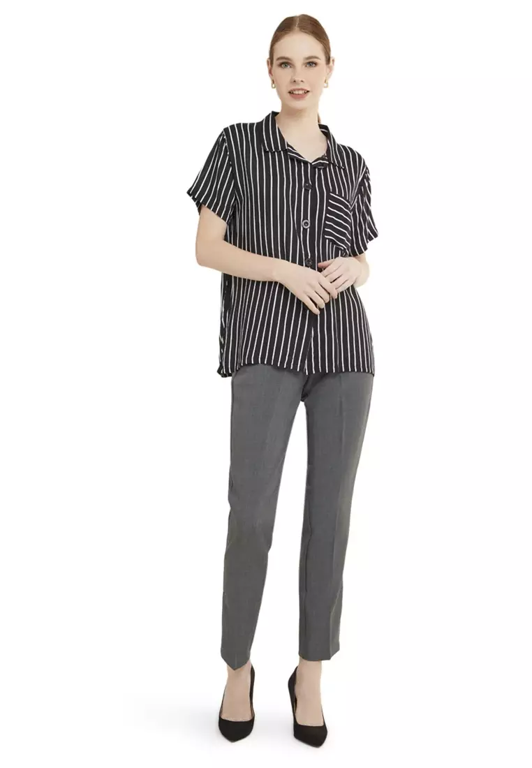 Atasan Wanita Kemeja Lengan Pendek Salur Bergaris Short Sleeves Shirt Stripe Premium Quality - Black