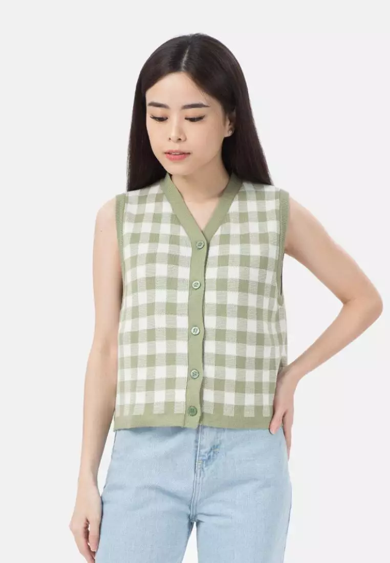 Button Knit Vest Checker in Green