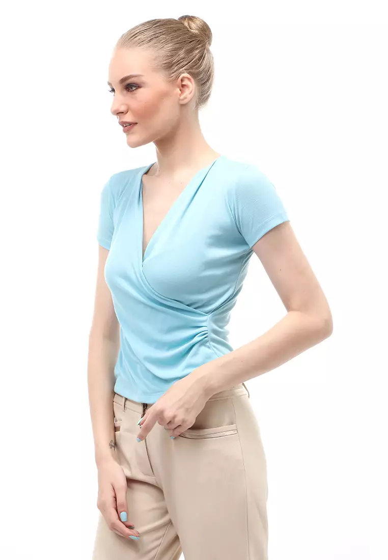 Blouse Atasan Wanita Short Sleeves Kerah V-neck Design Simple Elegant - Blue
