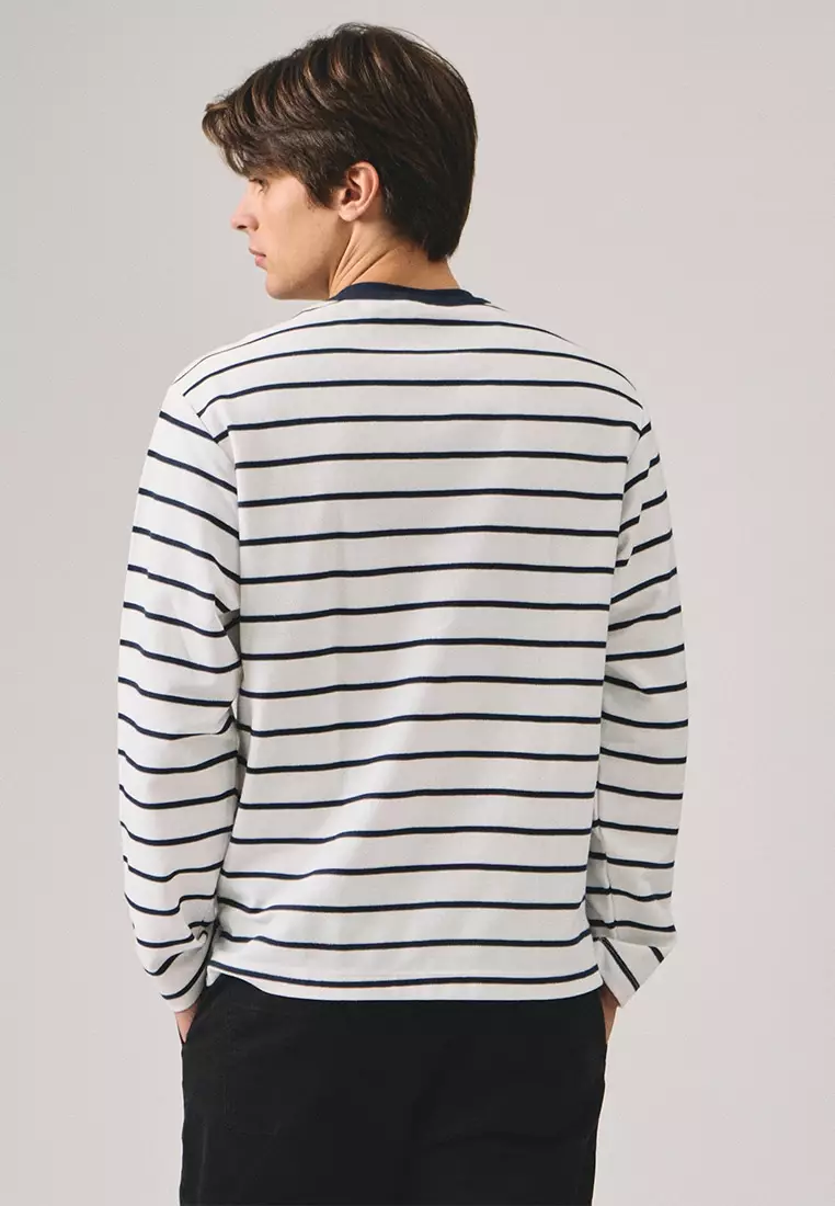 Regular Fit Long Sleeve Striped T-Shirt In Honeycomb Pique