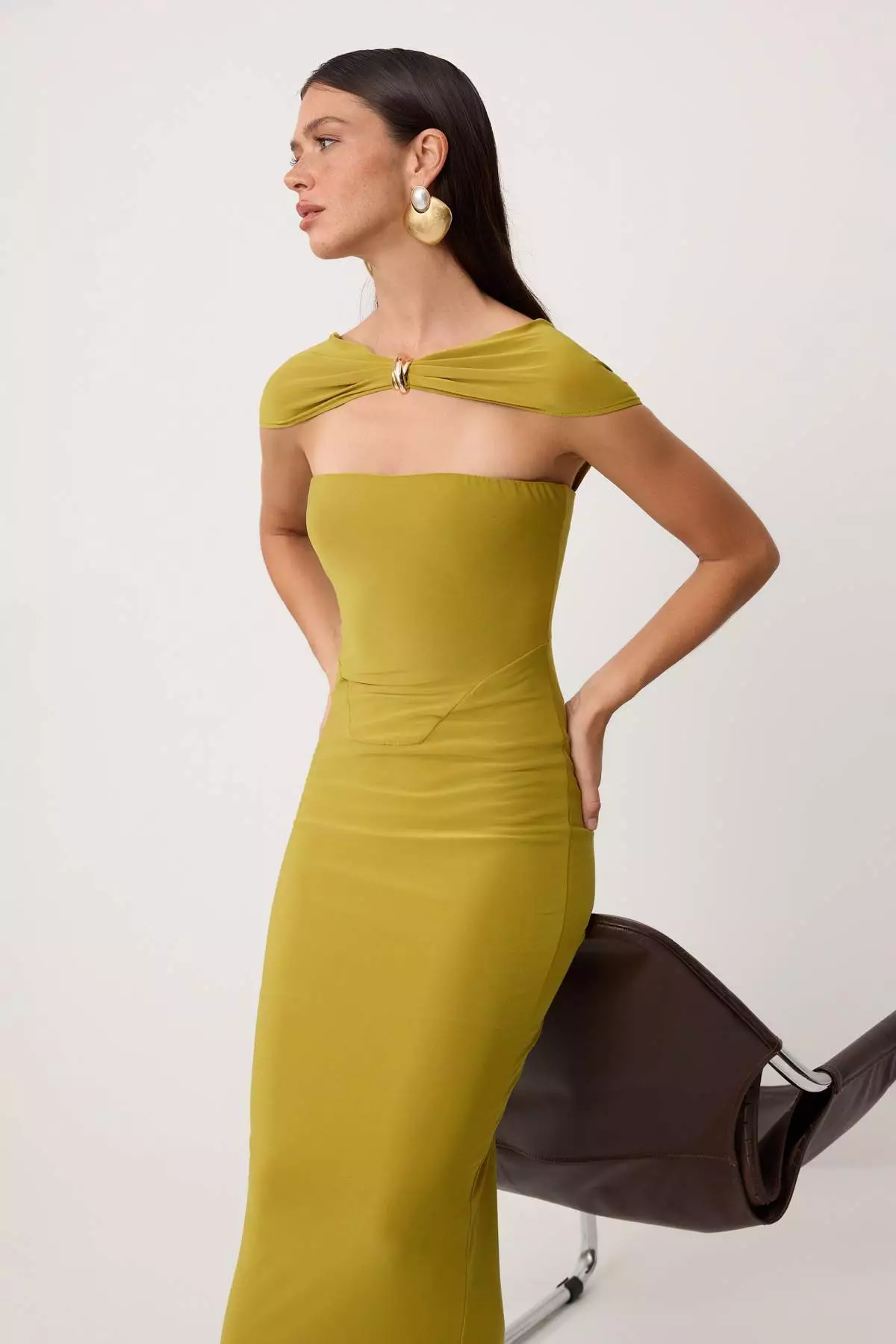Oil Green Plain Woven Sandy Maxi Evening Dress & Graduation Dress
