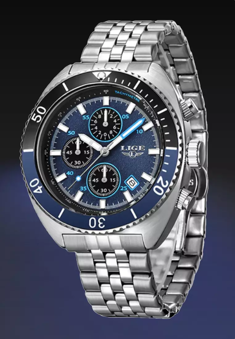 Unisex Chronograph Diver's Stainless Steel Quartz Watch with turning Bezel on Steel Bracelet
