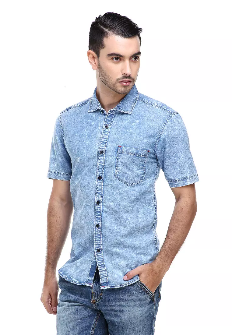 Dwan Shirt Kemeja Pria Jeans Lengan Pendek Kasual Formal Material Denim ORIGINAL - Blue