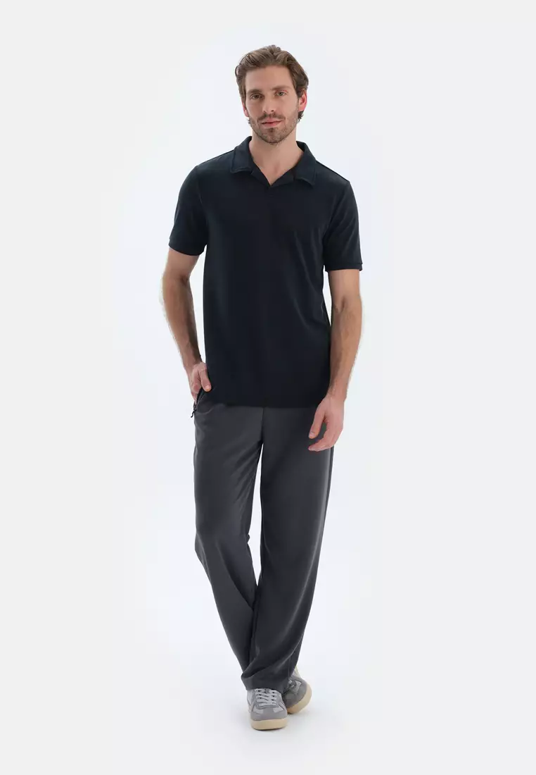 Black T-Shirt, Polo Neck, Regular, Short Sleeve Loungewear for Men