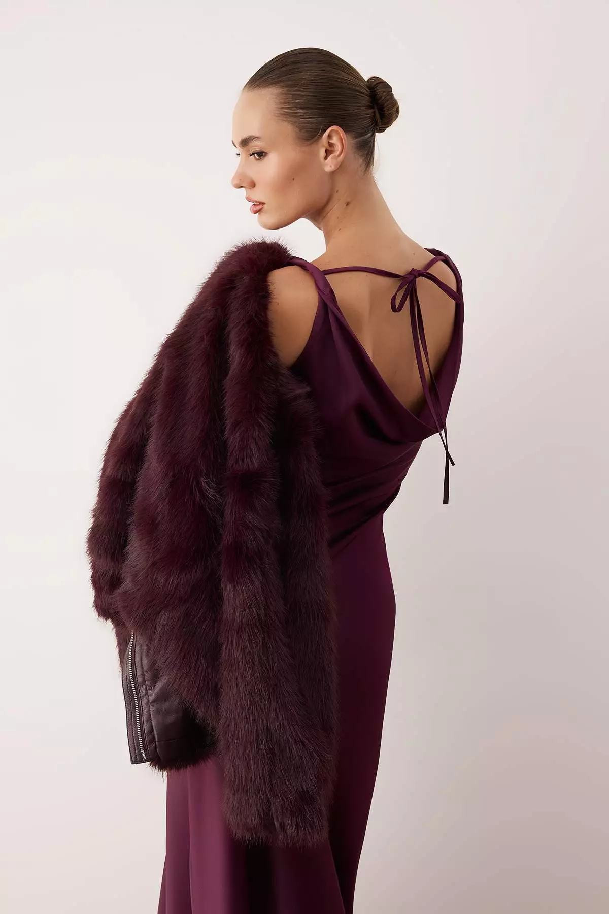 Purple A-Line Degaje Collar Satin Maxi Stylish Dress Tprss25El318
