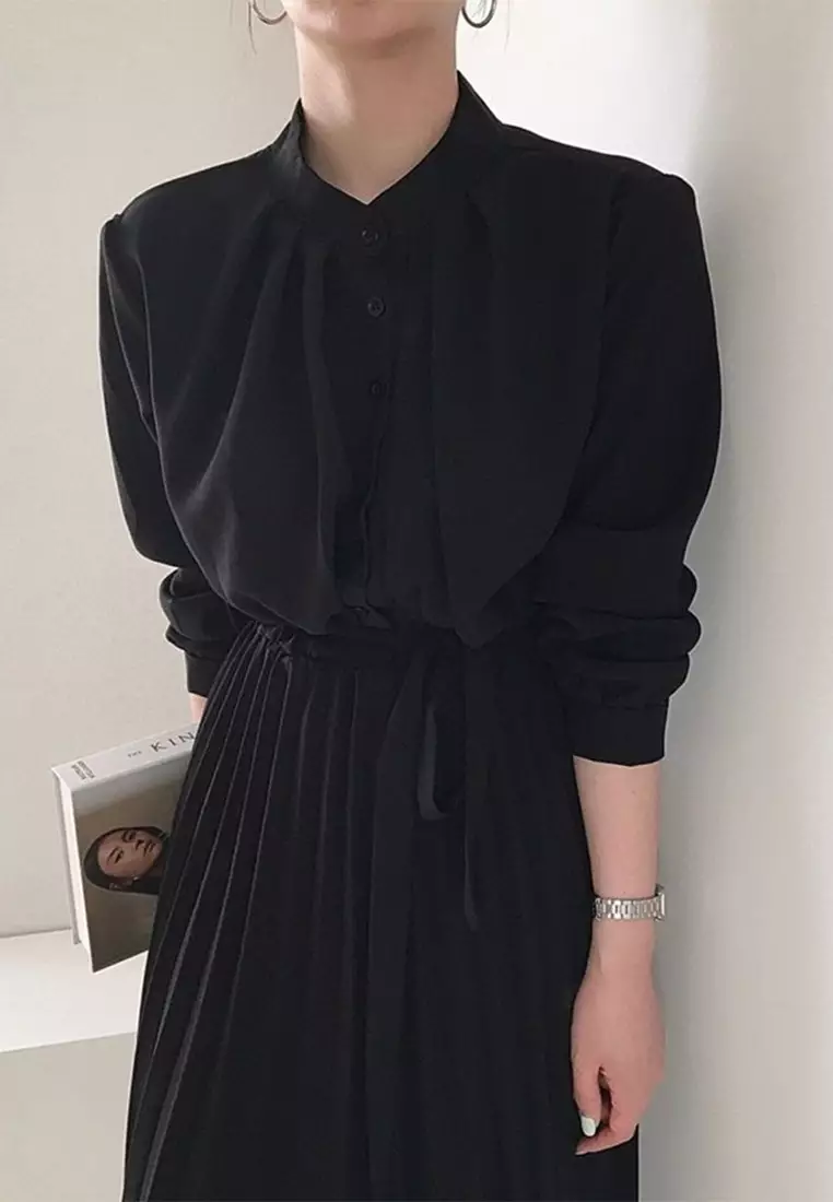 Buy Sunnydaysweety Korean bubble sleeve pleated stand up collar lace up ...
