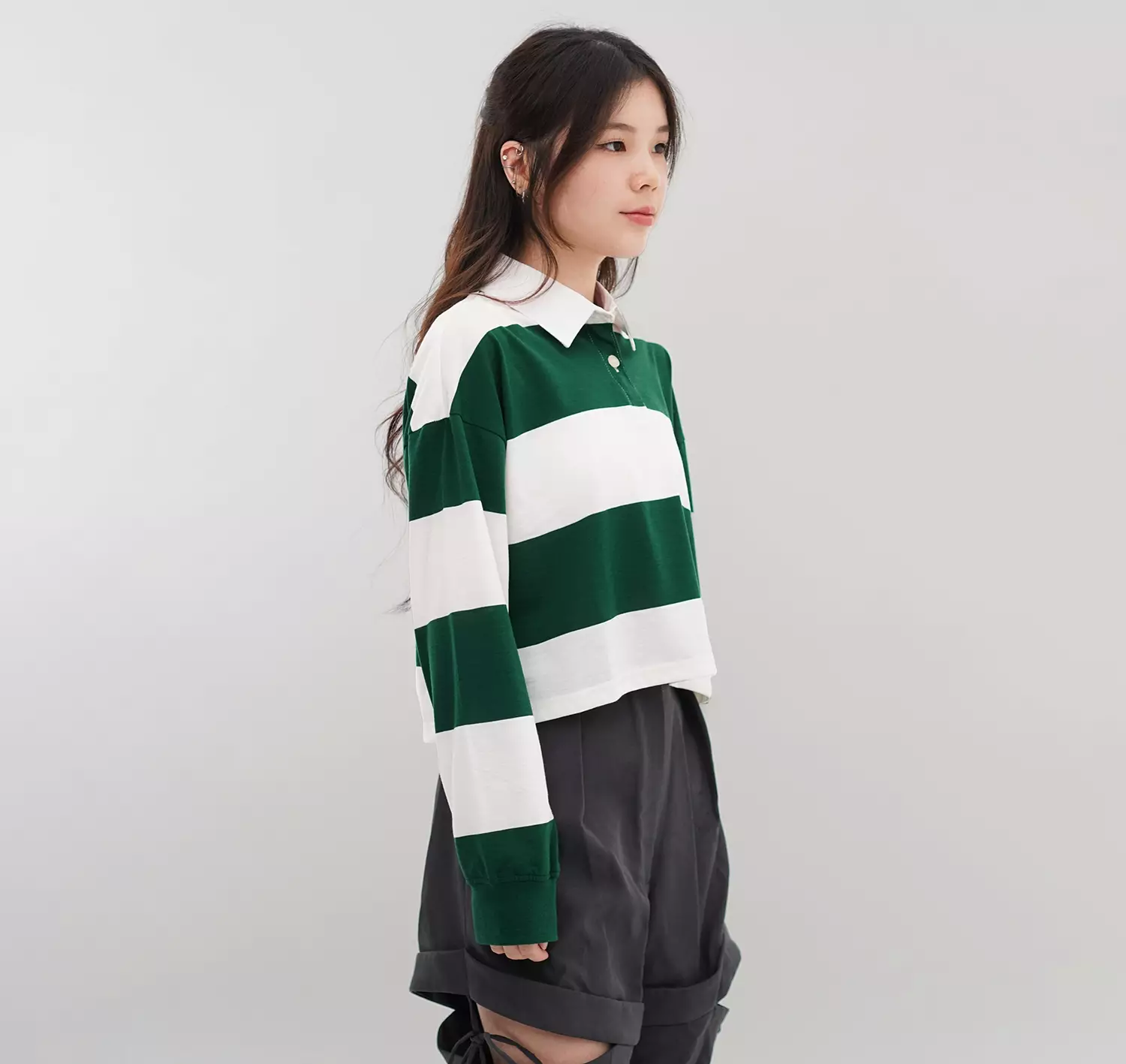 Matsuda Polo Rugby Crop top katun Emika Green Off white