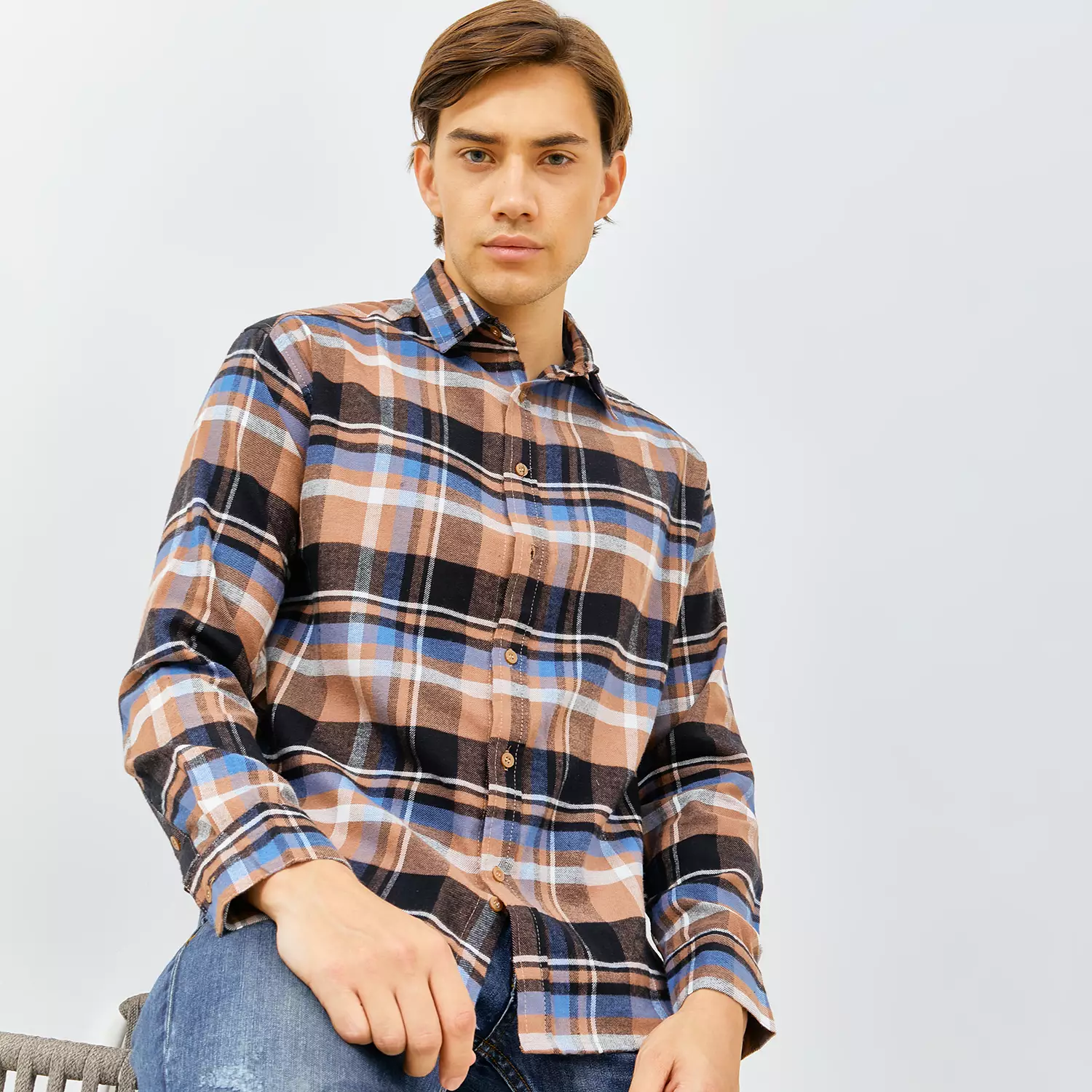 PAULMAY Kemeja Flanel Pria Lengan Panjang Coklat 6716