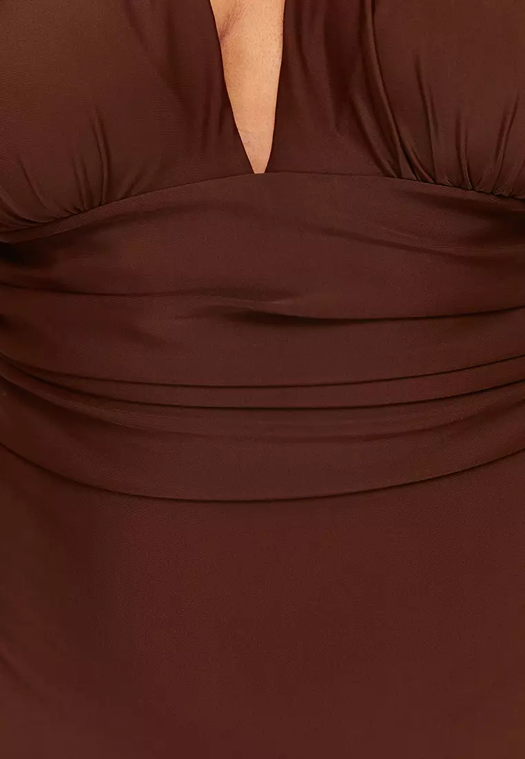 Brown Deep V Back Cross Waist Gather Detail Plus Size Swimsuit TBBSS23AM00000