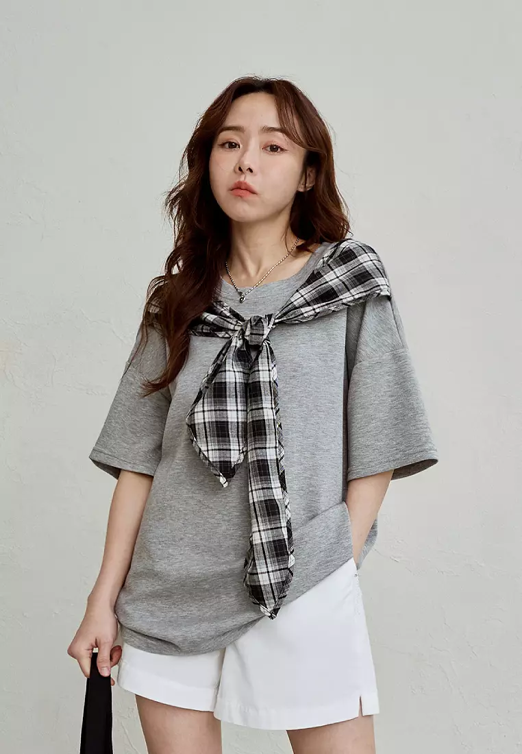 太空棉休閒領巾造型寬鬆短袖上衣《AB21054》