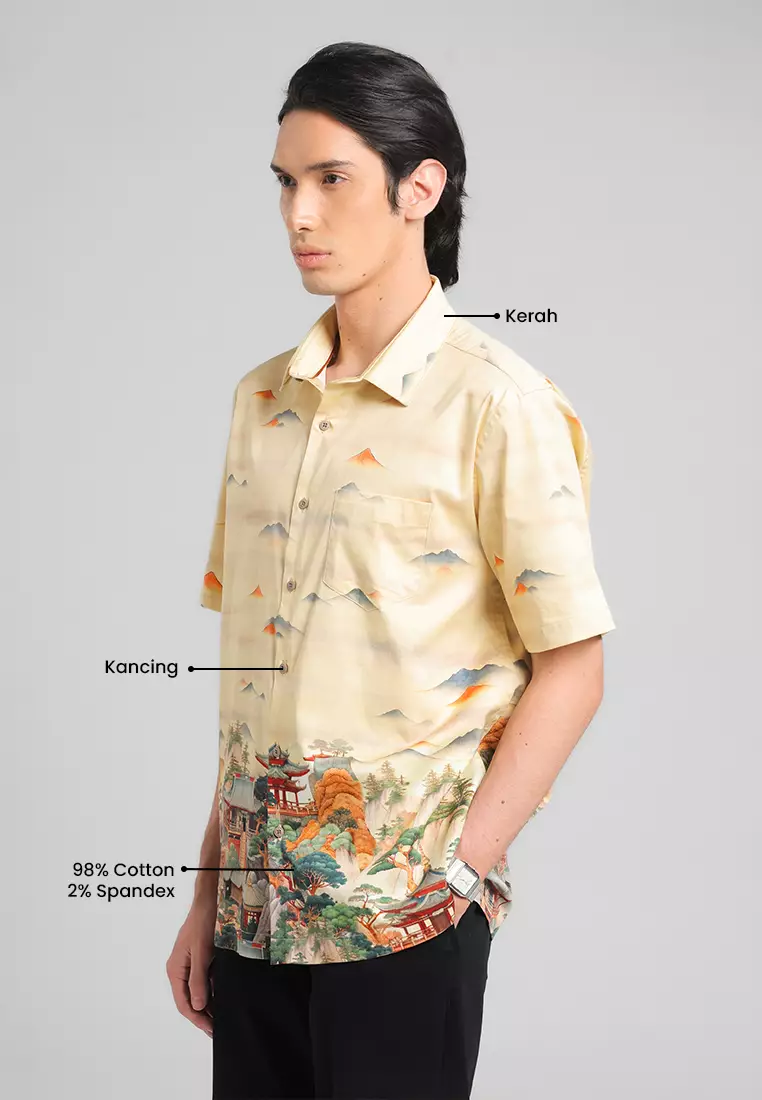 MANZONE - Kemeja Lengan Pendek Pria Jingxiao Comfort Fit - Beige Warna Beige