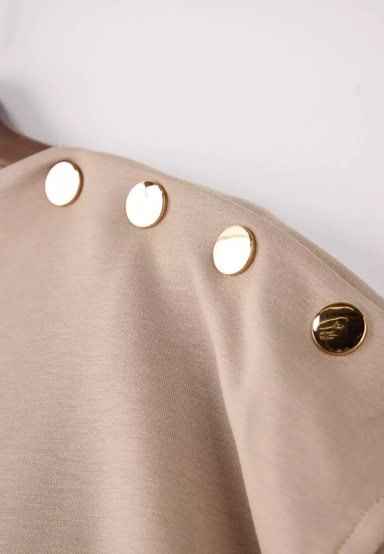 Stone Regular/Normal Fit Mock Neck Accessory Detailed Crop Soft Touch Knitted Blouse Twoss26Bz21