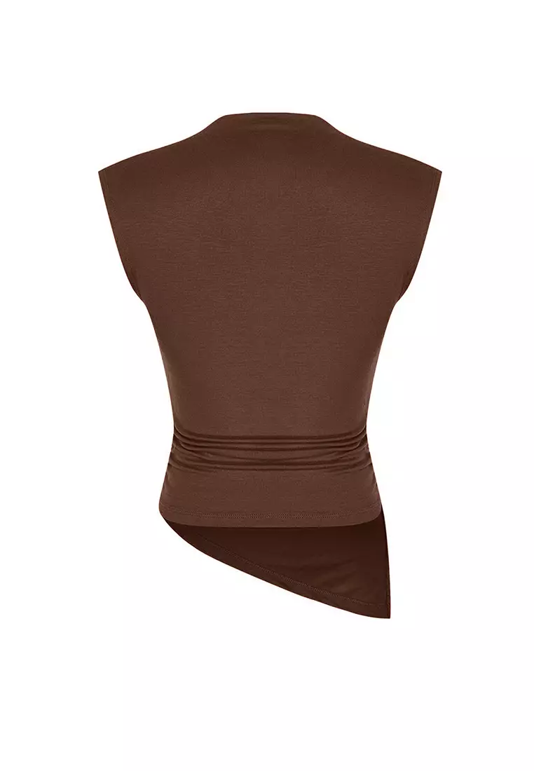 Brown Stand Collar with Gather/Drape Detail Fitted/Asymmetrical Knitted Blouse TWOSS24BZ00534