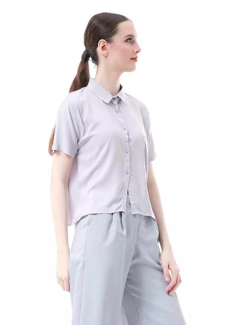Melinda Kemeja Crop Top Atasan Wanita Motif Polos Relaxed Fit - Grey