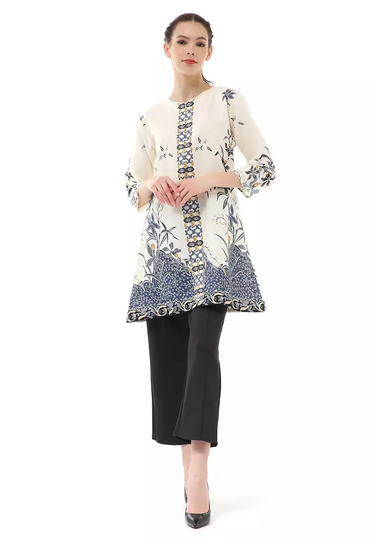 Olaf Atasan Batik Wanita Tunik Traditional Motive Simple Design Material Cotton ORIGINAL - White Blue