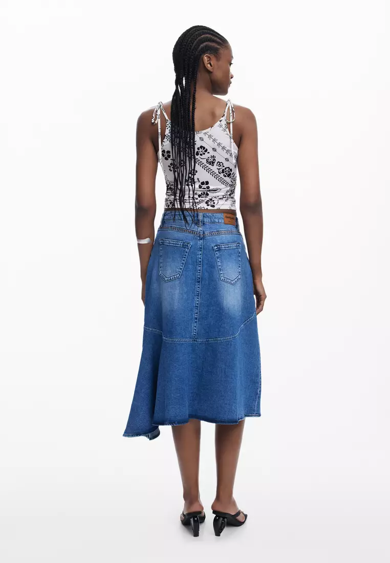 Midi-length asymmetrical denim skirt