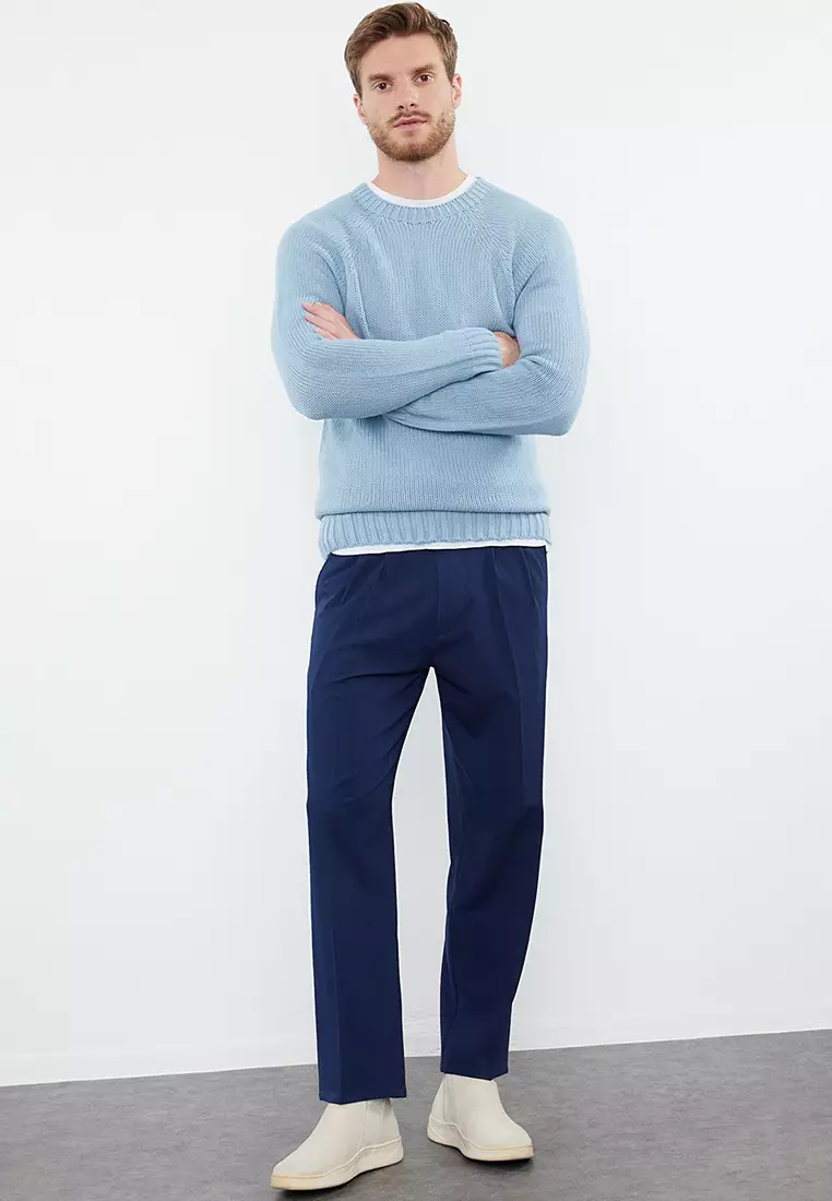 Blue Slim Fit Slim Cut Crew Neck Raglan Sleeve Basic Knitwear Sweater TMNAW25KZ00000